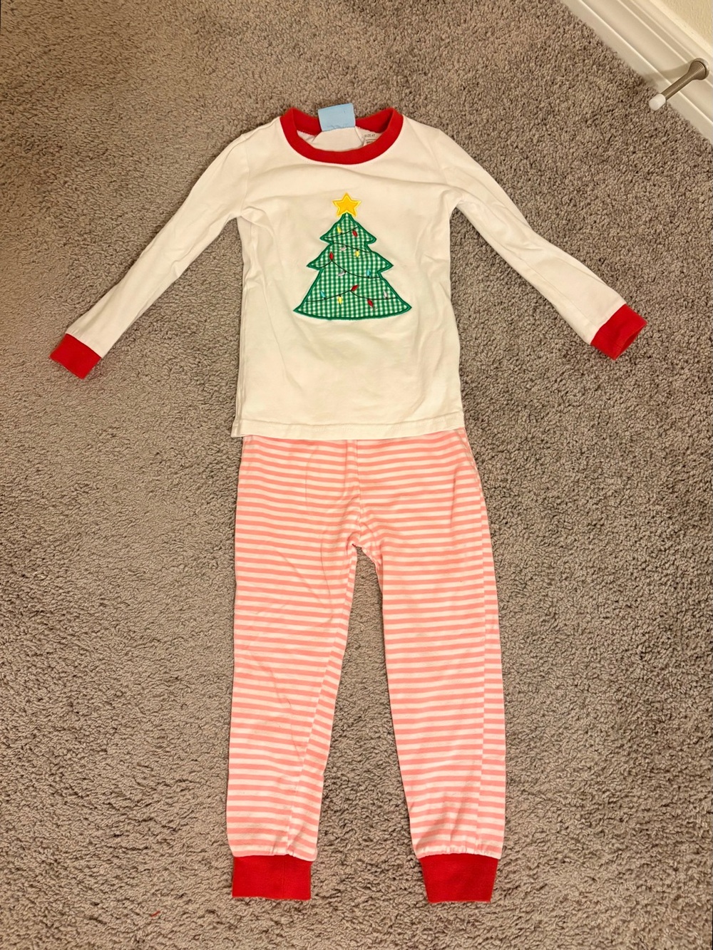 Kids White & Pink Christmas Tree Pajama Set with Red Trim